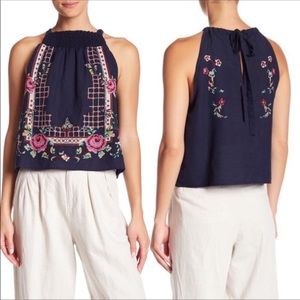 Free People Navy Blue Honey Pie Embroidered Floral Tank Top Size Medium